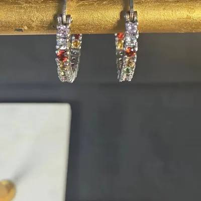 Sterling Silver In & Out MultiColor Semi Precious Hoop Earrings 