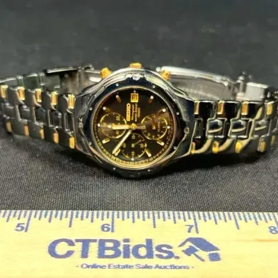 Vintage Seiko Chronograph Alarm Black Chrome/Gold Quartz Men's Watch 7T62-0CJ0