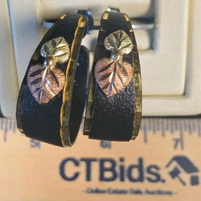 Black Hills Gold RGC 12k Trim Leaves Powder Coated Black Hoop Earrings 