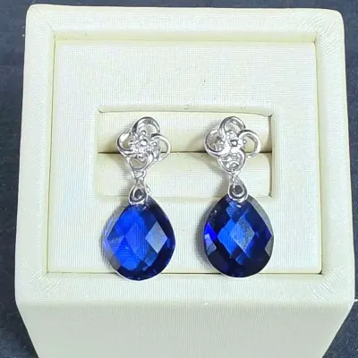 Elite Jewels 10k White Gold With Lab Grown Blue Sapphire And White Sapphire Accents Earrings