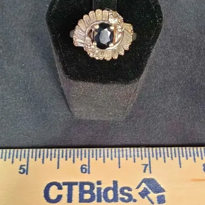 Vintage 14k Gold Ring With Baguette And Cushion Diamonds and a Dark Sapphire Weighs 5g