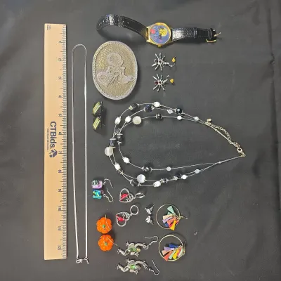 Costume Jewelry! Multicolored Dichroic Glass Earrings, Necklace, Belt Buckle Monet Chain (Small Kink