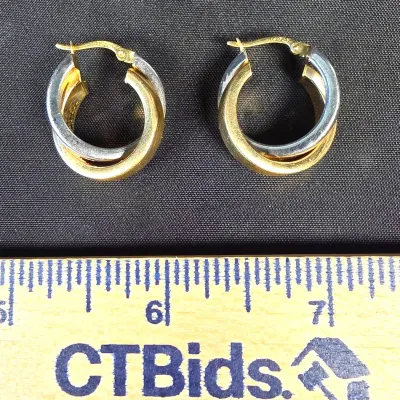 14K Yellow & White Gold Twisted Tubular Square Round Hoop Earrings from Turkey
