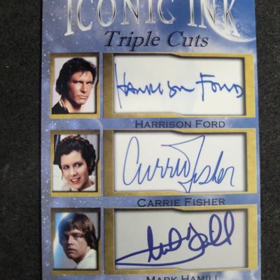 Sale Photo Thumbnail #457: I03604 | Iconic Ink Triple Cuts Star Wars Facsimile Triple Autograph Card Harrison Ford Carrie Fisher and Mark Hamill