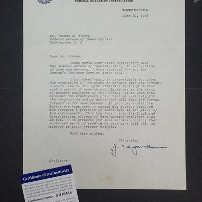 Sale Photo Thumbnail #53: I04153 | J. Edgar Hoover Signed FBI Letter PSA/DNA