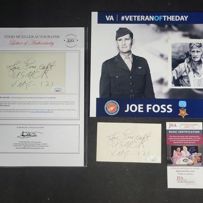 Sale Photo Thumbnail #940: I04418 | Joe Foss Signed Index Card Set JSA