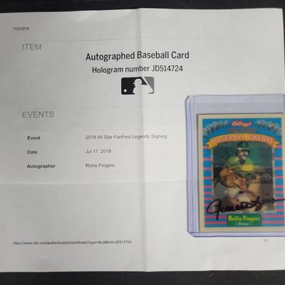 Sale Photo Thumbnail #567: I04215 | Autographed Rollie Fingers Kellogg's Card