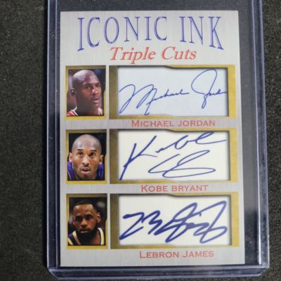 Sale Photo Thumbnail #639: I03288 | Iconic Ink Triple Cuts Michael Jordan Kobe Bryant and LeBron James Facsimile Autograph Card Limited Edition of 1000