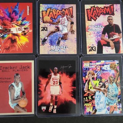 Sale Photo Thumbnail #599: I03272 | Lot of Six Michael Jordan Custom Art and Novelty Basketball Cards Including Kaboom and Cracker Jack Homages