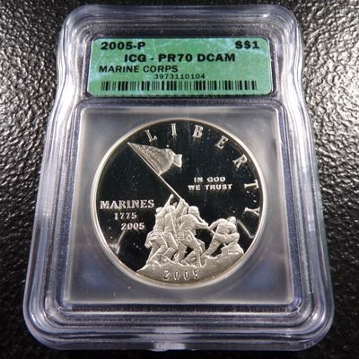 2005-P ICG PR70 DCAM MARINE CORPS SILVER PROOF DOLLAR