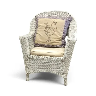 White Wicker Armchair & Decorative Rooster Pillow 