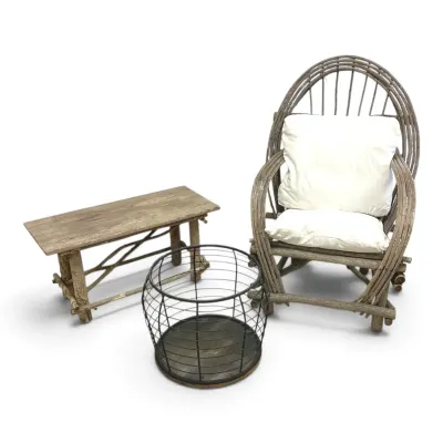 Primitive High Back Rustic Bentwood Chair, Bench & Round Metal Storage Basket