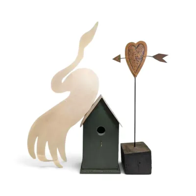 Folk Art Garden Decor - Bird Silhouette Sculpture, Birdhouse, & Heart Stake