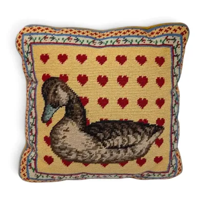 Vintage Cross-Stitch Duck Throw Pillow with Hearts