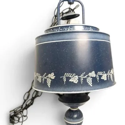Blue & White Metal Toleware Swag Lamp w/ Grape Pattern