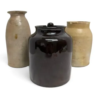 Three Neutral Stoneware Crocks