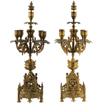 Sale Photo Thumbnail #45: Pair Gothic Revival Gilt-Metal Candelabra