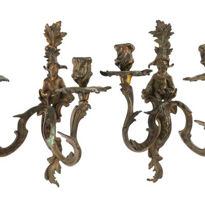 Sale Photo Thumbnail #253: Pair Figural Brass Two-Light Wall Sconces