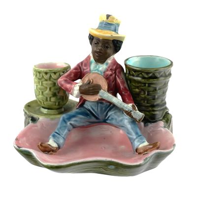 Sale Photo Thumbnail #241: Majolica Blackamoor Banjo Picker Striker & Tray