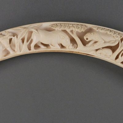 Sale Photo Thumbnail #36: African Scene Hand Carved Ivory Elephant Tusk