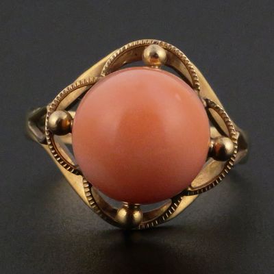 Sale Photo Thumbnail #93: 18k Gold Angel Skin Coral Cabochon Ring
