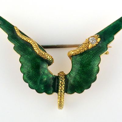 Sale Photo Thumbnail #52: 14K Gold Green Enamel Diamond Serpent Brooch