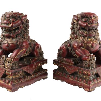 Sale Photo Thumbnail #198: Pair of Vintage Chinese Carved Foo Dogs