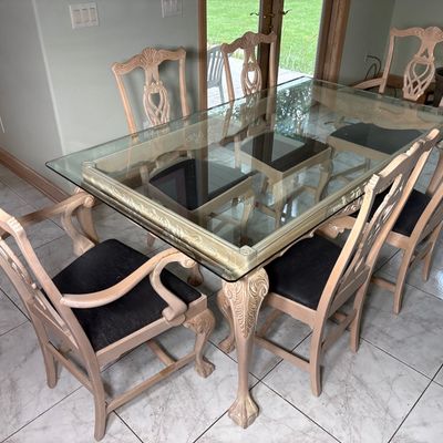Sale Photo Thumbnail #26: Seven-Piece Queen Anne Style Painted Dining Set with Glass Top Table and Six Chairs
