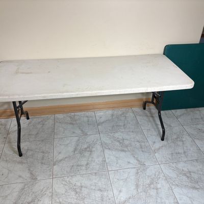 Sale Photo Thumbnail #7: Two Folding Utility Tables Including One Plastic Banquet Table and One Vinyl Top Card Table