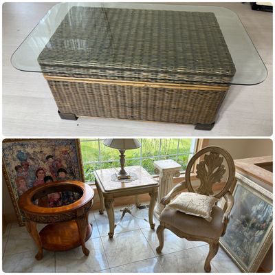 Sale Photo Thumbnail #14: A Collection of Assorted Furniture and Decorative Items Including a Wicker Trunk Coffee Table and Neoclassical Style Tables
