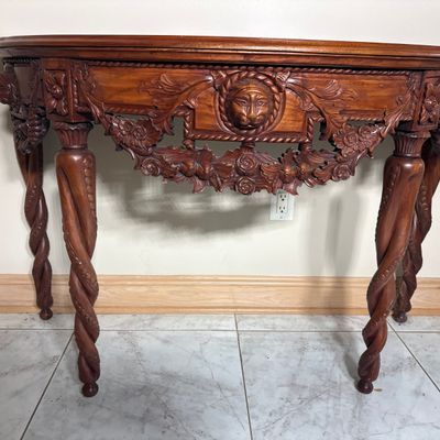 Sale Photo Thumbnail #16: Carved Mahogany Demilune Console Table with Lion Masks and Barley Twist Legs