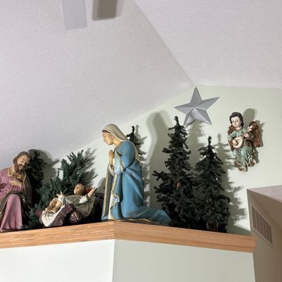 Sale Photo Thumbnail #43: Painted Resin Nativity Set with Large Angel Statue and Polished Stone Sphere