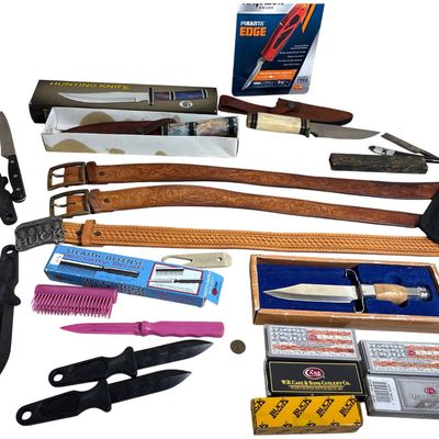 Sale Photo Thumbnail #2: Assorted Hunting and Folding Knives with Tooled Leather Belts and Collectible Case Packaging