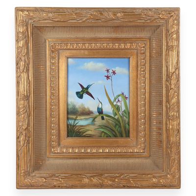 Sale Photo Thumbnail #3: Tropical Landscape with Hummingbirds and Orchids Oil on Canvas