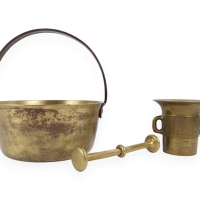 Sale Photo Thumbnail #35: A Trio of Antique Brass Utilitarian Items Including a Large Pail, Mortar, and Pestle