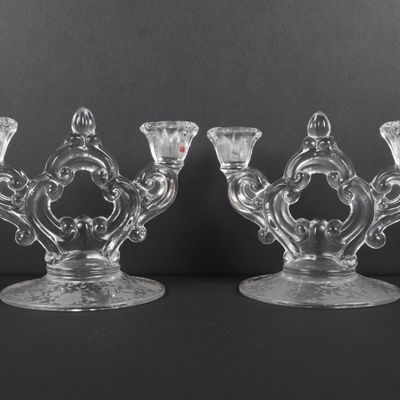 Sale Photo Thumbnail #41: A Pair of Two-Light Floral Etched Clear Glass Candelabra