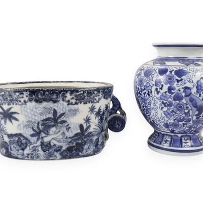Sale Photo Thumbnail #26: Two Blue and White Ceramic Vessels comprising an Earthenware Cachepot and a Porcelain Vase