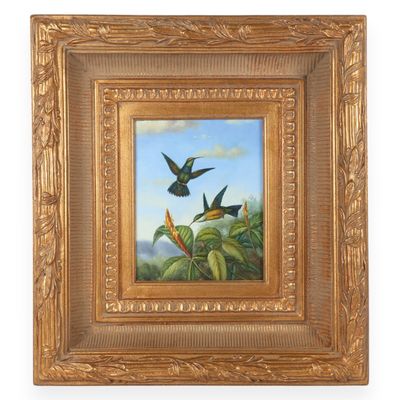 Sale Photo Thumbnail #4: Naturalistic Oil on Canvas Painting of Hummingbirds and Tropical Flora in Ornate Gilded Frame