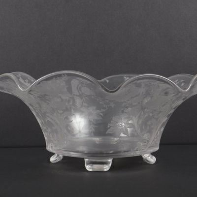 Sale Photo Thumbnail #40: 11 Inch Acid Etched Glass Console Bowl with Ruffled Rim and Four Feet