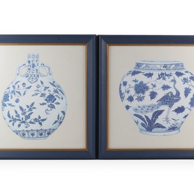 Sale Photo Thumbnail #33: A Pair of Framed Watercolors of Ming-Style Blue and White Porcelains