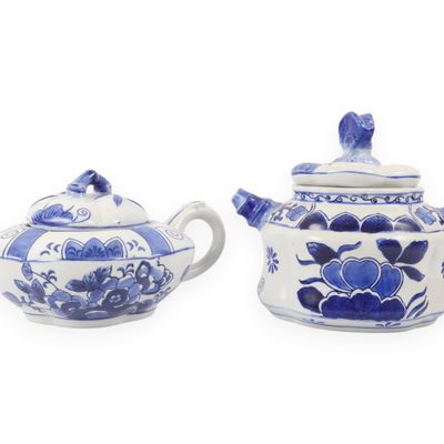 Sale Photo Thumbnail #27: Two Blue and White Hand Painted Porcelain Teapots with Floral Decoration