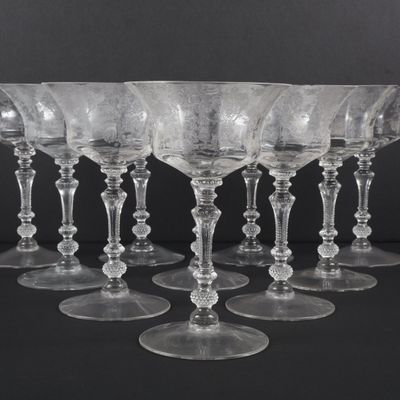Sale Photo Thumbnail #39: A Set of Ten Cambridge Rose Point Crystal Champagne Tall Sherbet Glasses
