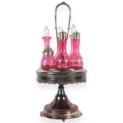 Sale Photo Thumbnail #8: A Set of Five Victorian Cranberry Glass Bottles in an Ornate Silver-Plated Caster Stand