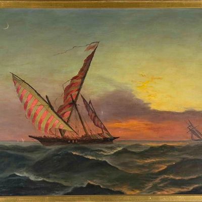 Maritime Painting, Sailing Vessel at Sunset, Oil on Canvas, Late 19th/Early 20th Century