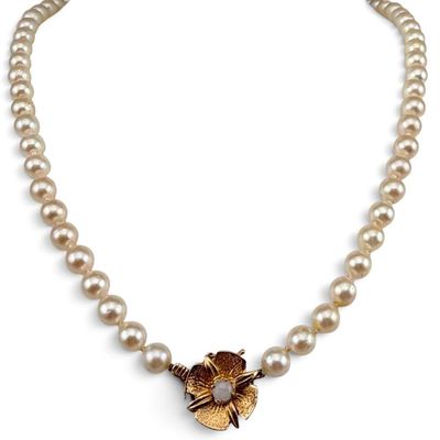 Hand Knotted Pearl Necklace with 14k & Opal Clasp