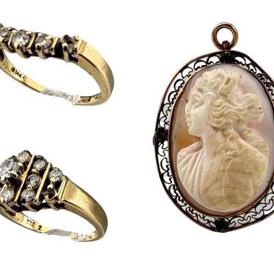 10k Gold Diamond & Cameo Lot