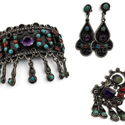 Vintage Taxco Sterling Silver Amethyst, Turquoise & Coral Cuff & Earrings