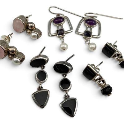 Four Pairs of Sterling Silver Earrings Set With Amethyst, Pink Quartz, Pearls, & Black Onyx