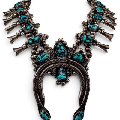 Jimmy Long (Navajo, Dine') Sterling Silver Double Strand Turquoise Squash Blossom Necklace