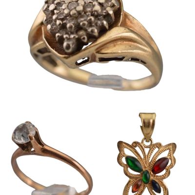 10k Gold Diamond, White Sapphire, and Multicolor Stones Rings & Butterfly Pendant